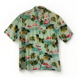 Pacific Legend Mens Hawaiin Camp Shirt XL Green Flamingo Tropical Cotton Palm